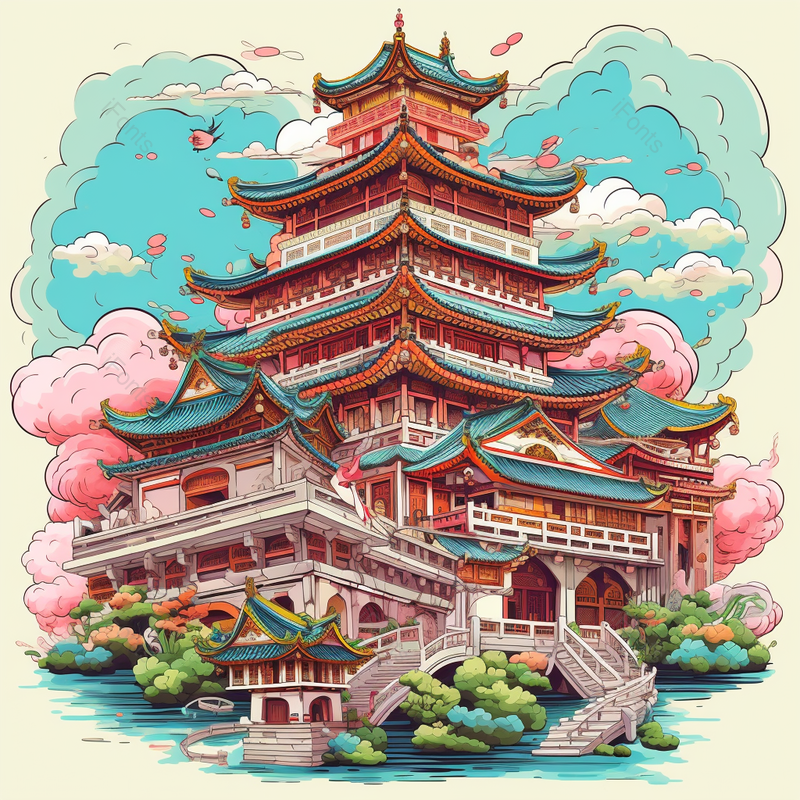 黄鹤楼宫殿手绘国潮祥云背景,插画/手绘图,插画/手绘图库,插画/手绘图下载,插画/手绘